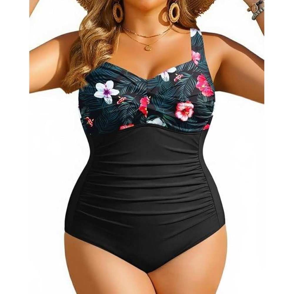 Yonique Women Black Tropical Floral Ruched‎ Tummy Control One Piece Swimsuit 16W